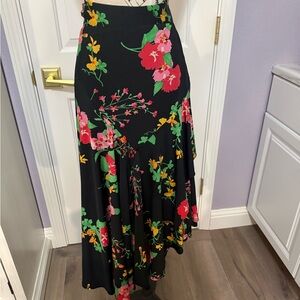 CAbi Asymmetrical Black Skirt with Floral Design
